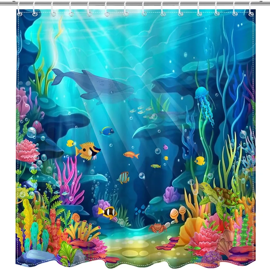 

Занавеска для душа с океаном для ванной комнаты, занавеска для душа с подводным миром и 12 крючками, летняя занавеска для ванны с тропической акулой, черепахой и рыбой