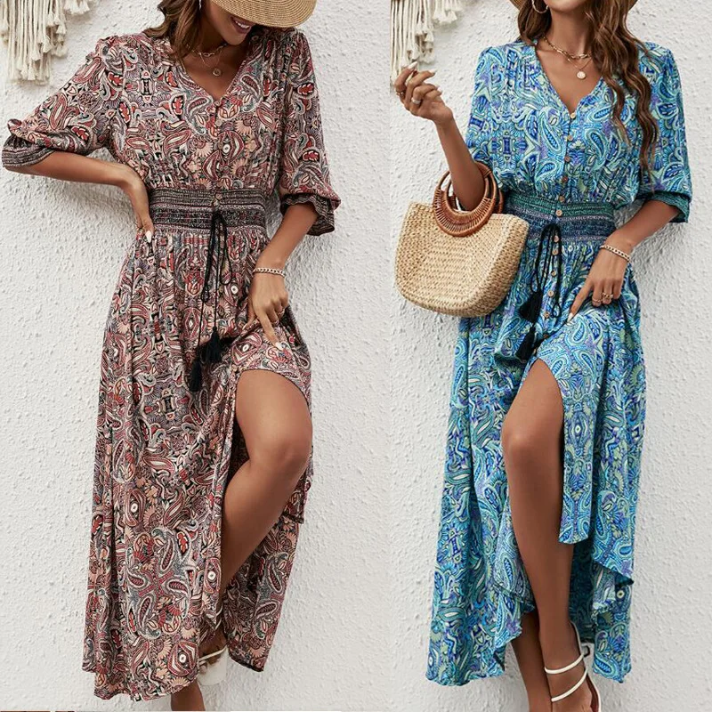 

European and American Women's Clothing 2025 Spring and Autumn Bohemian Dress Beach Dress