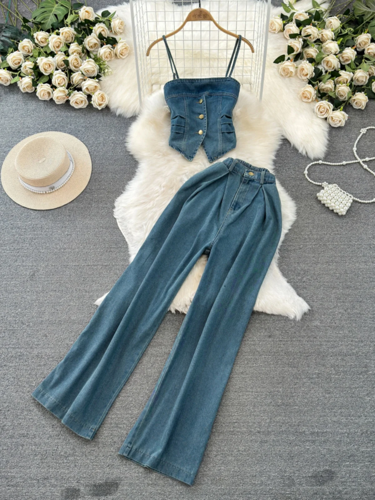 

Faionable Denim Tube Top And ter Vest Two-Piece Set High Waist Midi Skirt for Women Summer Polyester Material