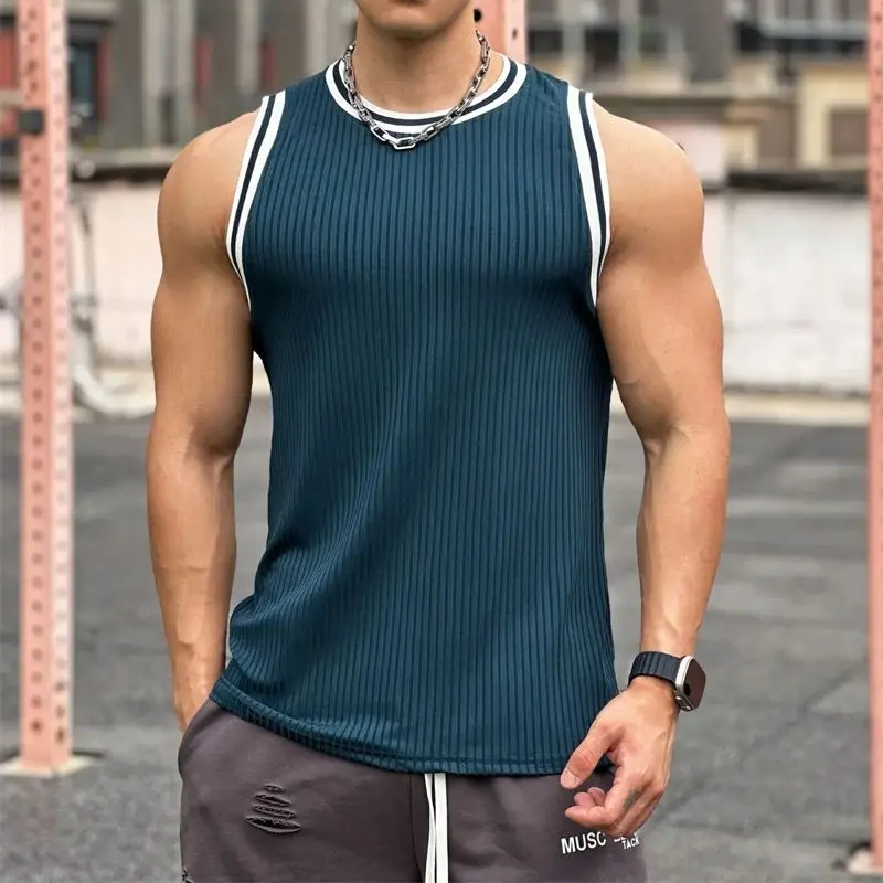 2024 new Summer sports men's tank top wide shoulder crew neck sleeveless top mesh breathable quick-drying fitness men's wear