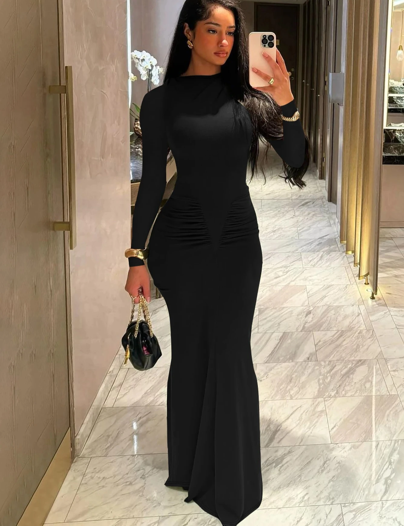 الخريف الصلبة طويلة الأكمام ثنيات مثير Bodycon ماكسي فستان حفلة موسيقية المرأة موضة ملابس السهرة الطرف