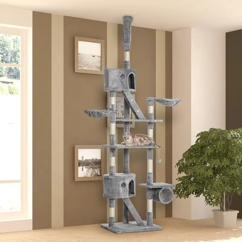 Arbre à chat d'intérieur 240-260 cm - Tour à chat multi-niveaux avec balles en peluche, niche pour chat, hamac, poteaux en sisal, plateformes - pour chats de grande taille - Convient au salon, au balcon, à la chambre - Meuble d'escalade vertical polyvalent pour chat