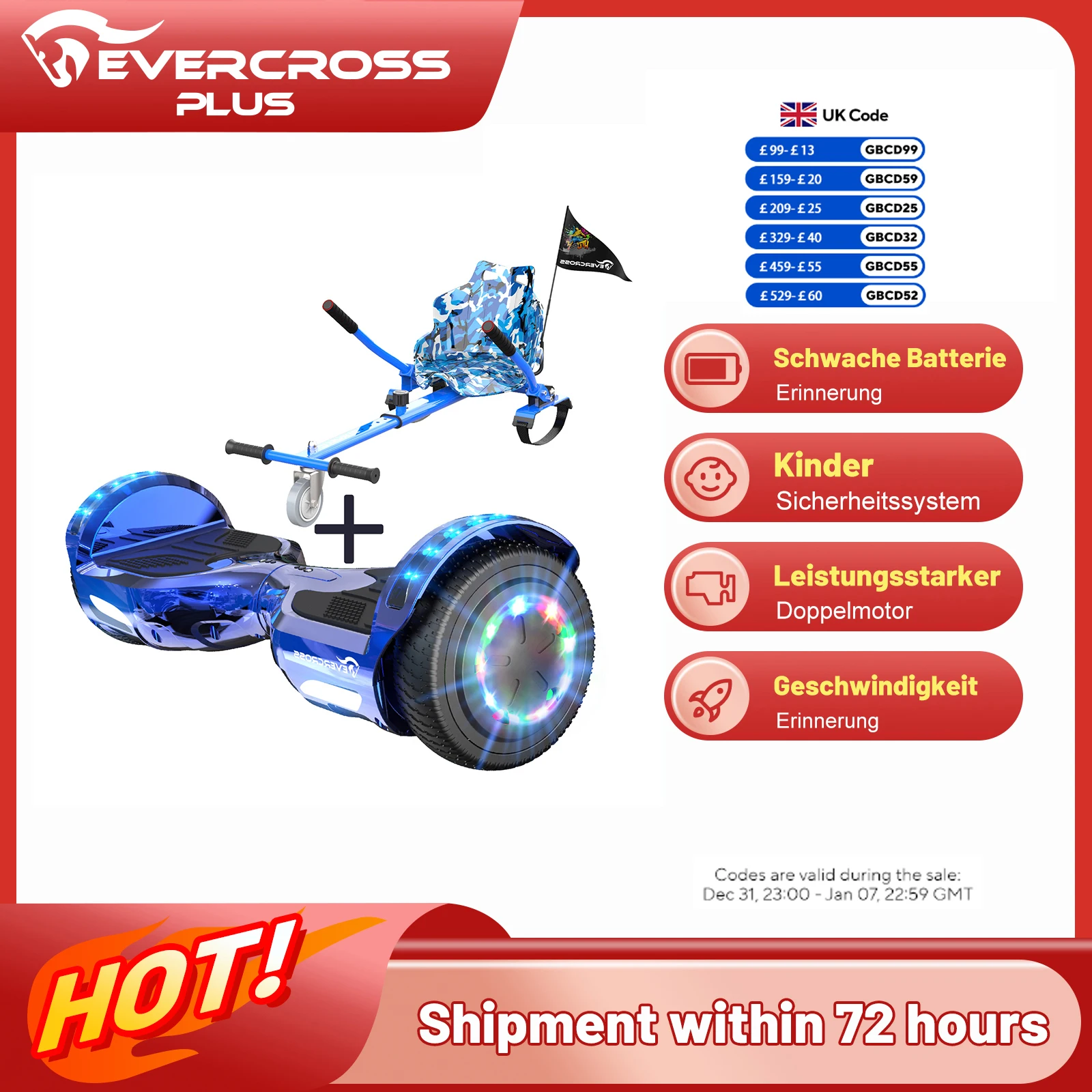 Hoverboard with Seat EVERCROSS PLUS XP9 - 6.5", Bluetooth, LED Lights, 4Ah Battery, Max Speed 15 km/h, Hoverkart for Kids