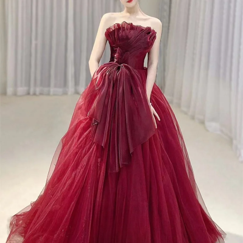 Red Evening Gown Tube Top New Toast Dress Special Interest Light Luxury Wedding