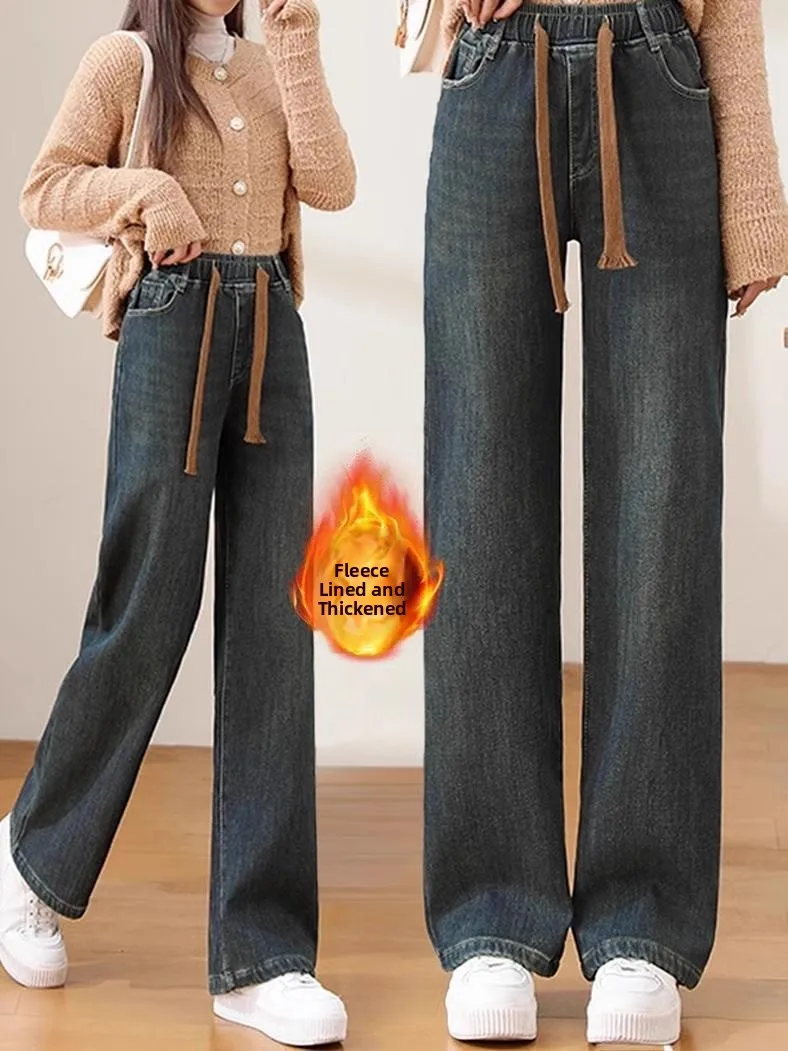 

Fall Winter Thickened Warm Fleece High Waist Slim Straight Leg Jeans Wide Leg Pants Fashionable Elegant Style in Guangzhou Xi...