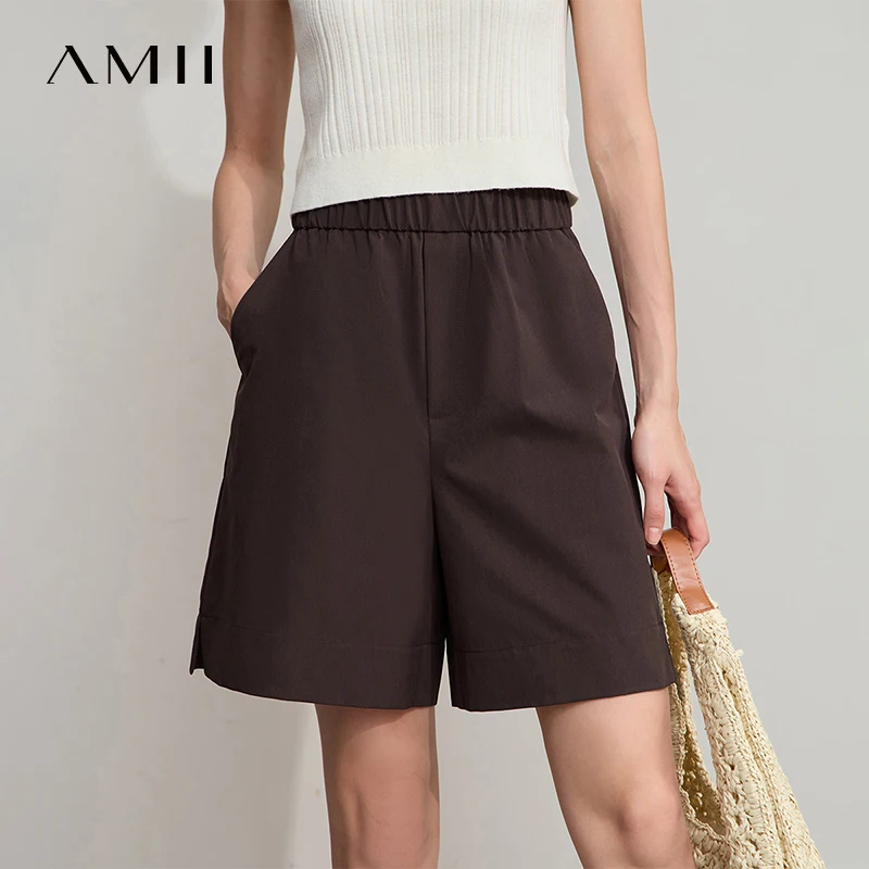 Amii Shorts For Women Minimalist Summer New Style Versatile Commuting Elastic Waistband Wide Leg Casual Split Trousers 12522073