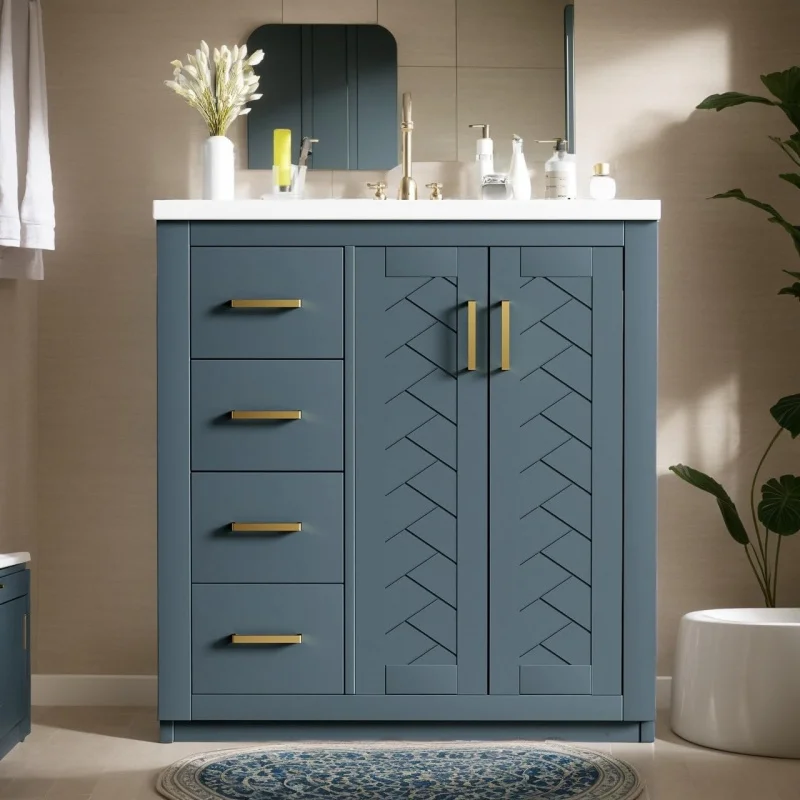 

2026：30'' Solid Wood Bathroom Ceramic Sink Combo Freestanding Vanity Set with 3 Drawers & Soft-Closing