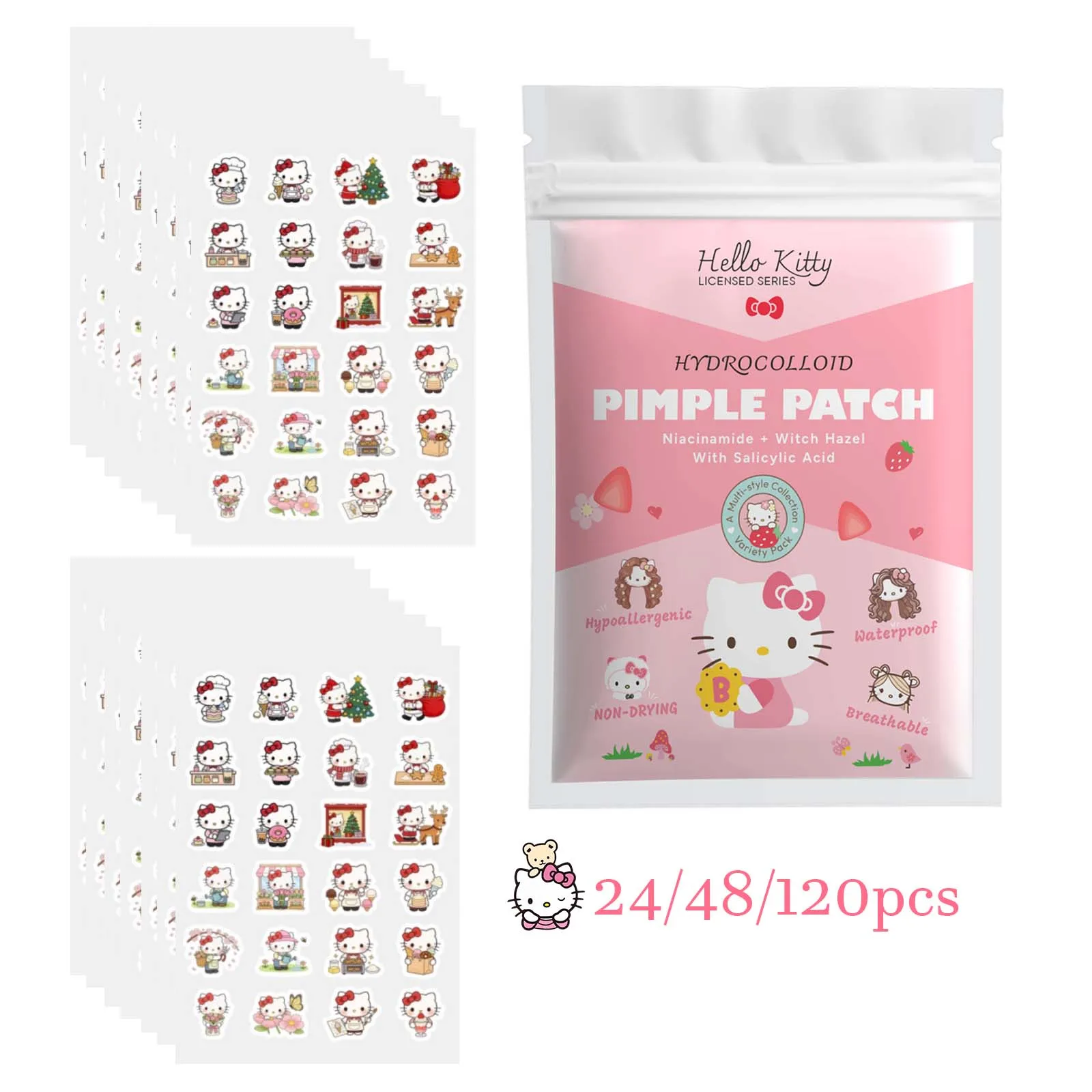 24/48/120PCS Patchs anti-acné Kawaii Hello Kitty, autocollants hydrogel invisibles