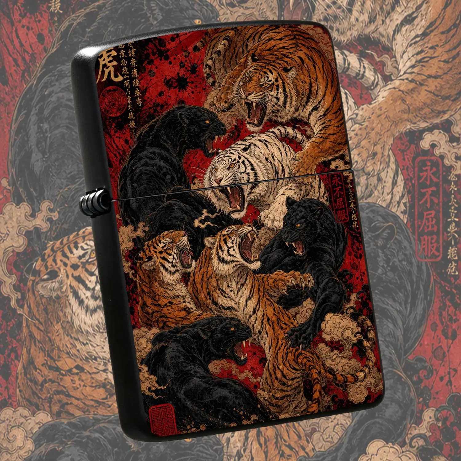 Eastern Style Ukiyo-E Style Tiger Panther Art Lighter, Vintage Red Background Fierce Beasts Roar Pattern, Cool Unique Portable Accessory For Outdoor Gathering, Creative Gift For Friends Collection, Daily Decorative Practical Souvenir A Humo