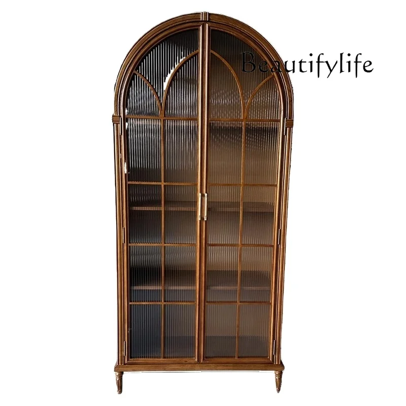 American medieval style solid wood bookcase, living room art Changhong glass door arched cabinet