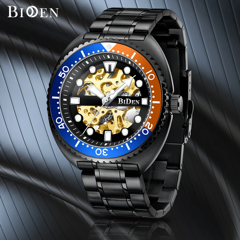 BIDEN Men's mechanical watch, stylish hollow out, luminous, waterproof, stainless steel strap, free box