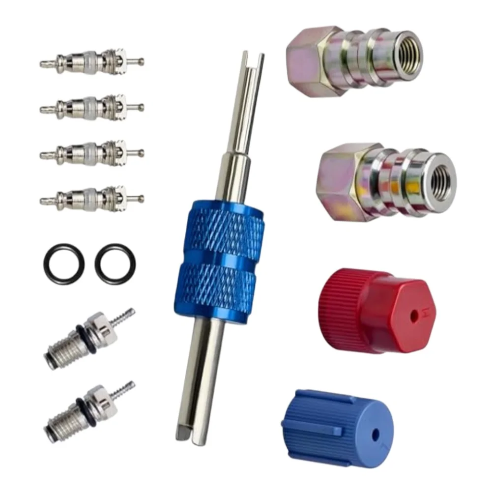 R12 To R134A AC Fitting Adapter Set High Low Pressure Port Conversion Kit With Valve Cores For Auto HVAC System Upgrade