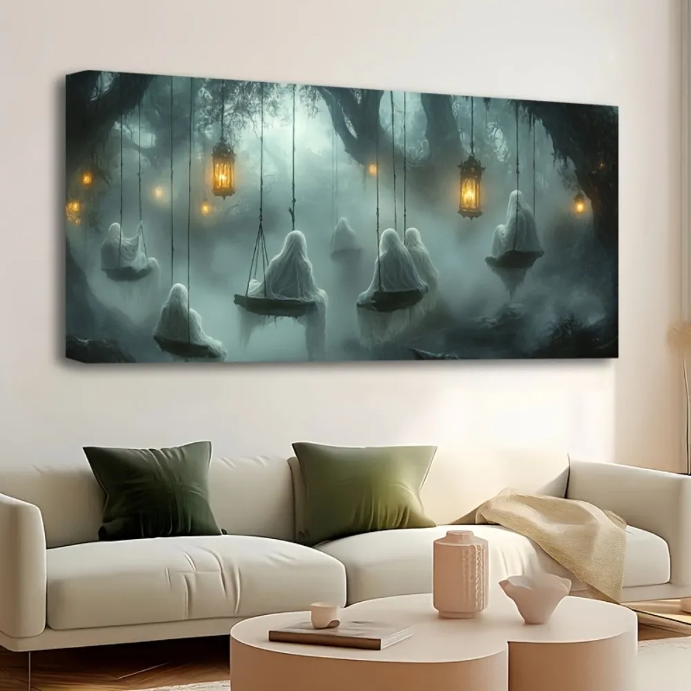 1.5 "chunky pine frame, Halloween mural pumpkin decoration, Scary Dark Forest HD canvas printing, interior decoration