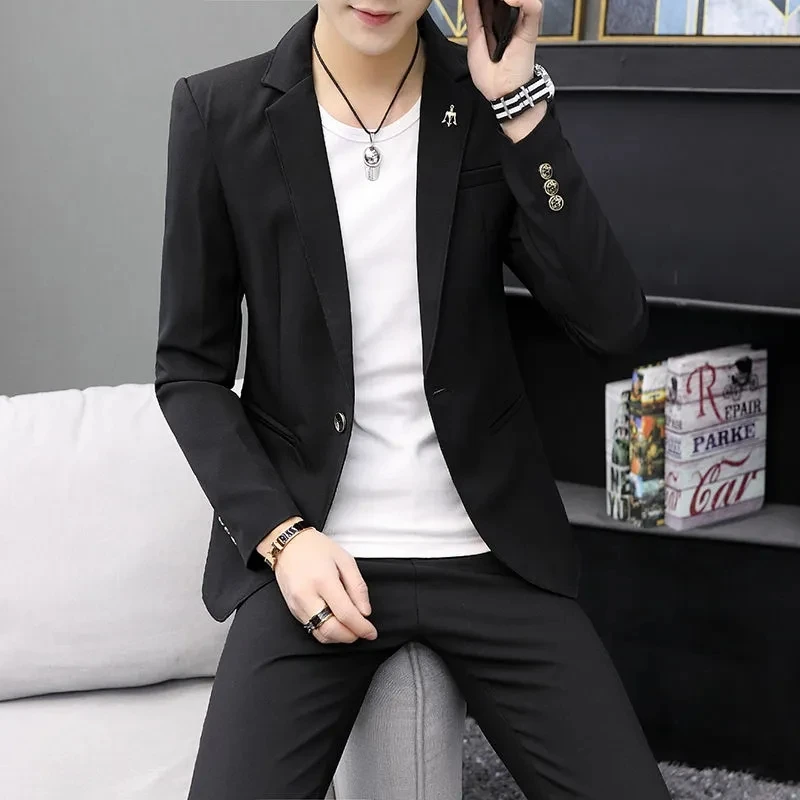 Suit Men Jacket Korean Fashion Solid Wild Professional Formal Blazer Homme Single Buckle Business Black Ternos Para Hombre