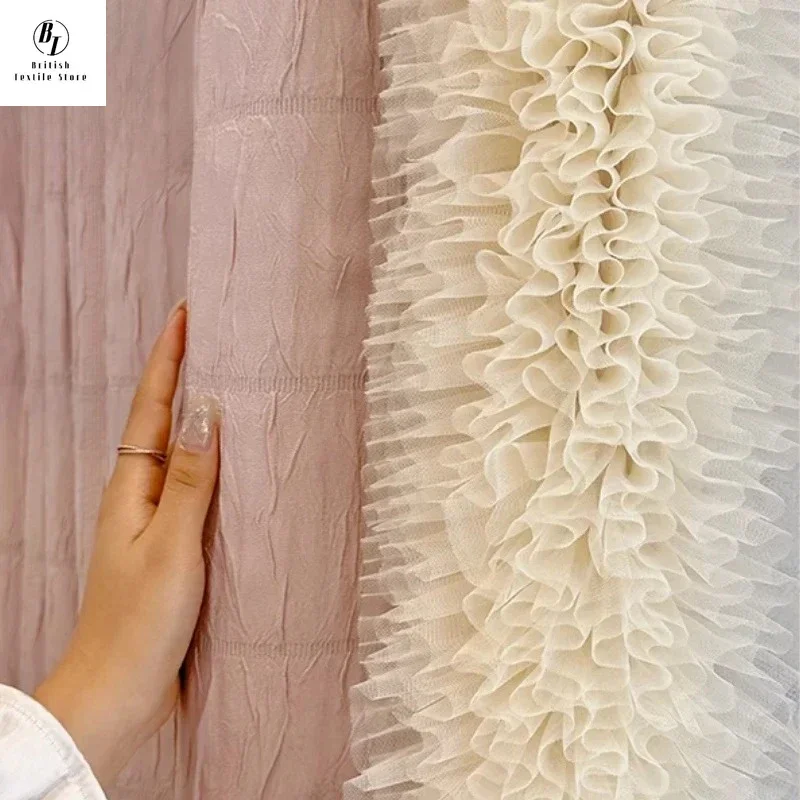 Custom  Size！！French Pink Girl Crimped Cotton Splicing Cream LaceCurtains for Living Dining Room Bedroom Decor Window Balcony