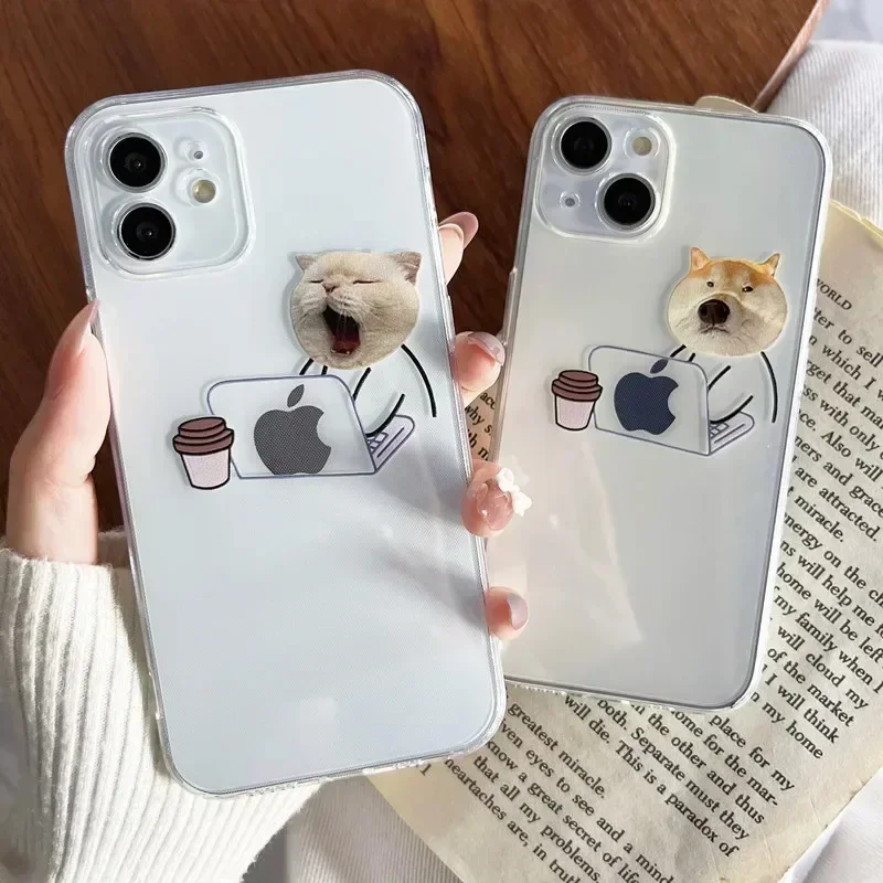 Funny Cartoon Working Cats and Dogs Clear Phone Case For iPhone 16 15 14 13 12 11 Pro Max Plus Mini XR X Thin Soft Silicon Cover