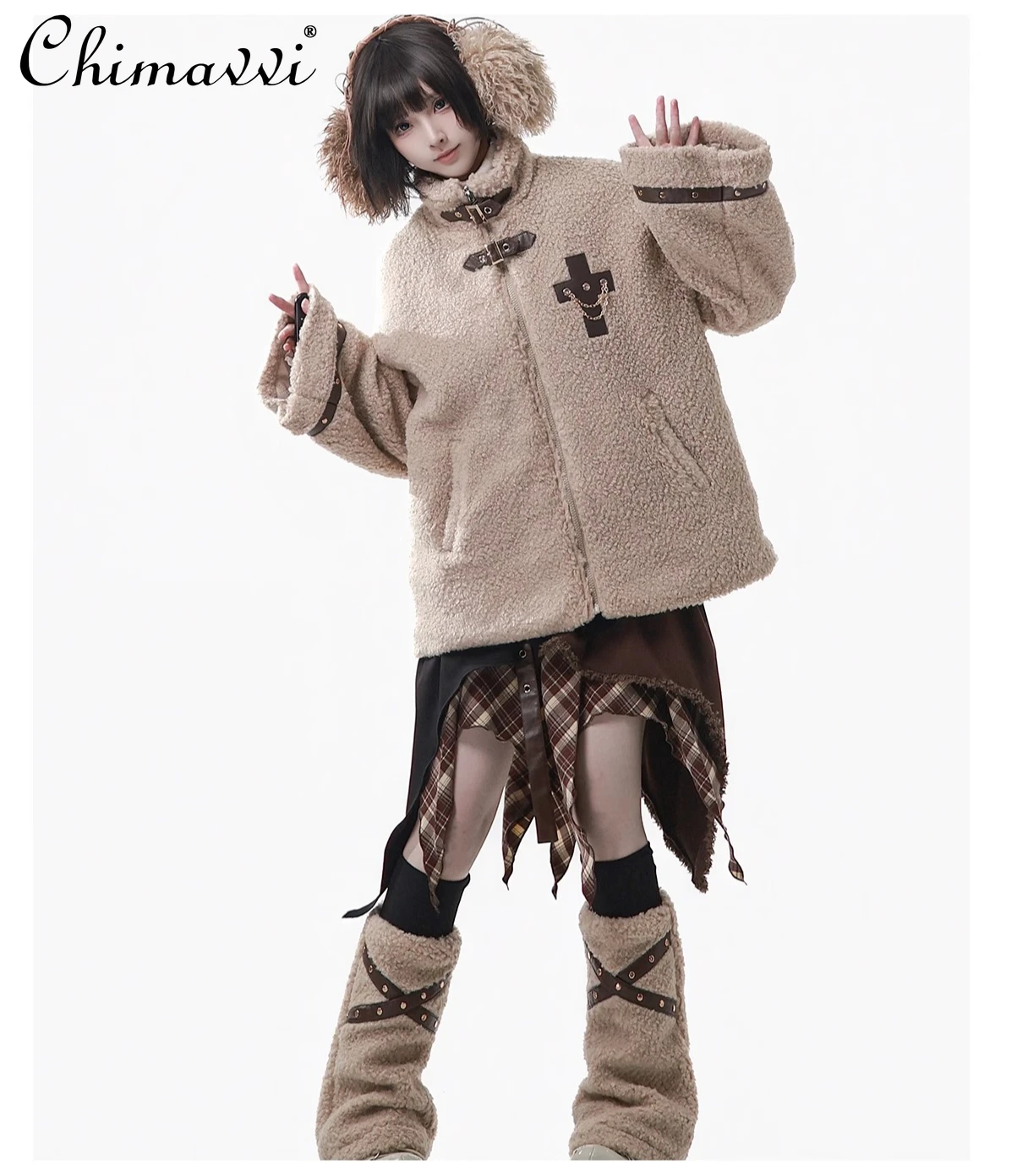 Japanese Style Coffee Color Silver Fox Fur Lamb Wool Coat Winter New Fashion Long Sleeve T-Shirt Top Skirt Set Women's Warm Set