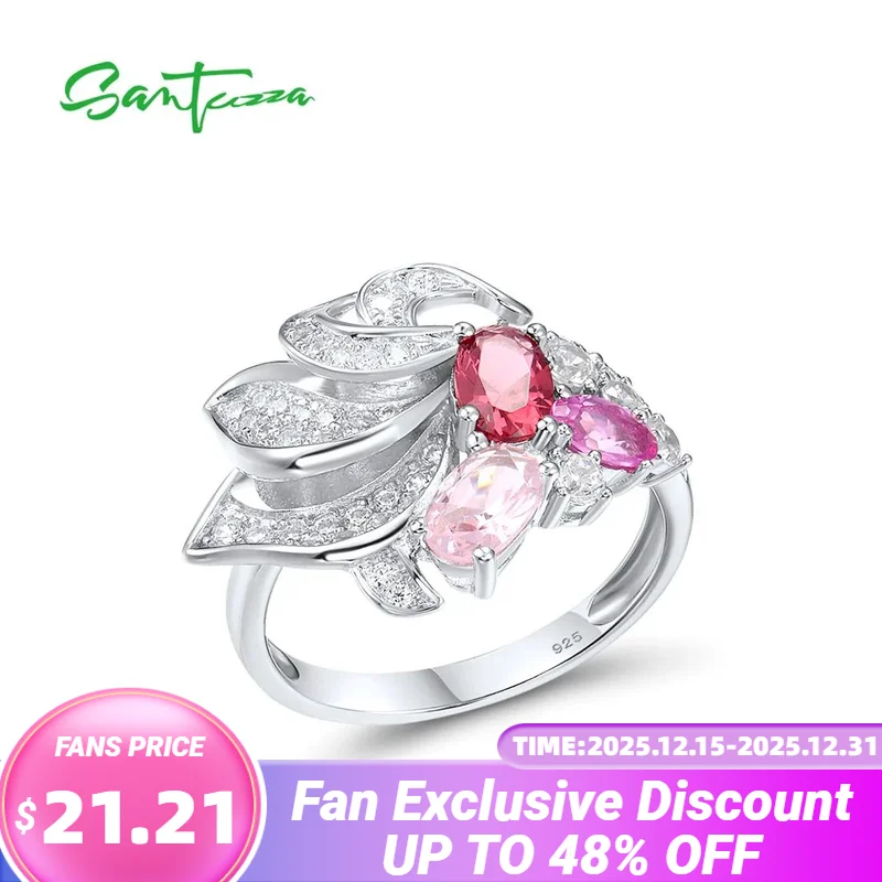 

SANTUZZA Genuine 925 Sterling Silver Rings For Women Sparkling Red Pink Stones White CZ Cluster Ring Elegant Fashion Jewelry