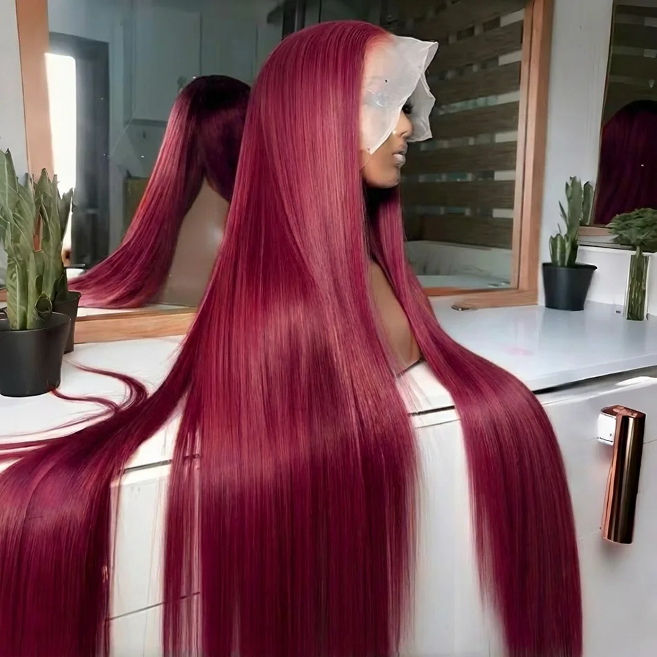 

250 Density Burgundy Transparent Lace Frontal Human Hair Wig Red 99J Straight Colored 13x4 Lace Front Human Hair Wigs For Women