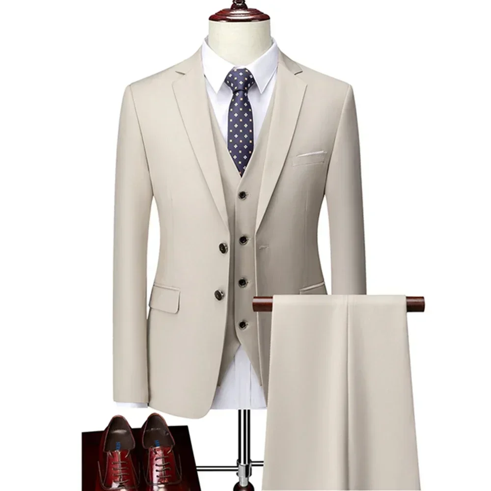 3 Pcs Suits Set Blazers Jacket Pants Vest / 2023 Fashion New Men Casual Boutique Business Plaid Slim Dress Formal Coat Trousers