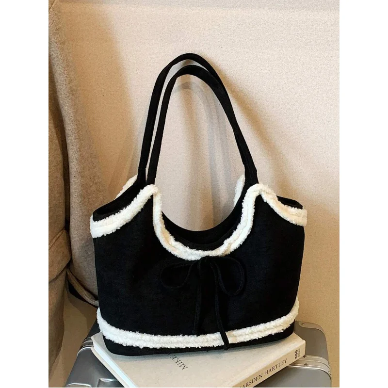 

1pc Women's New Autumn/Winter Suede Tote Bag With Contrast Faux Fur Trim, Large Capacity, Bow Decor, Suitable For Office, C