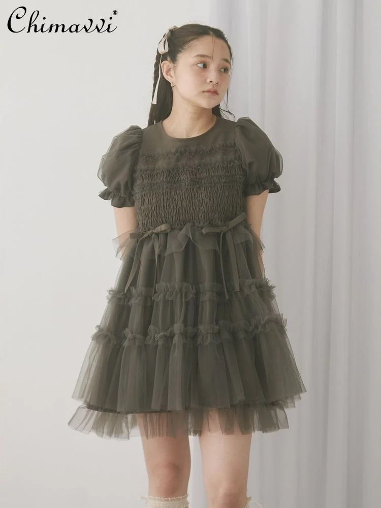 Abito a trapezio con maniche a sbuffo trasparenti da principessa dolce giapponese Abiti corti eleganti da donna con maniche corte a maniche corte super fata