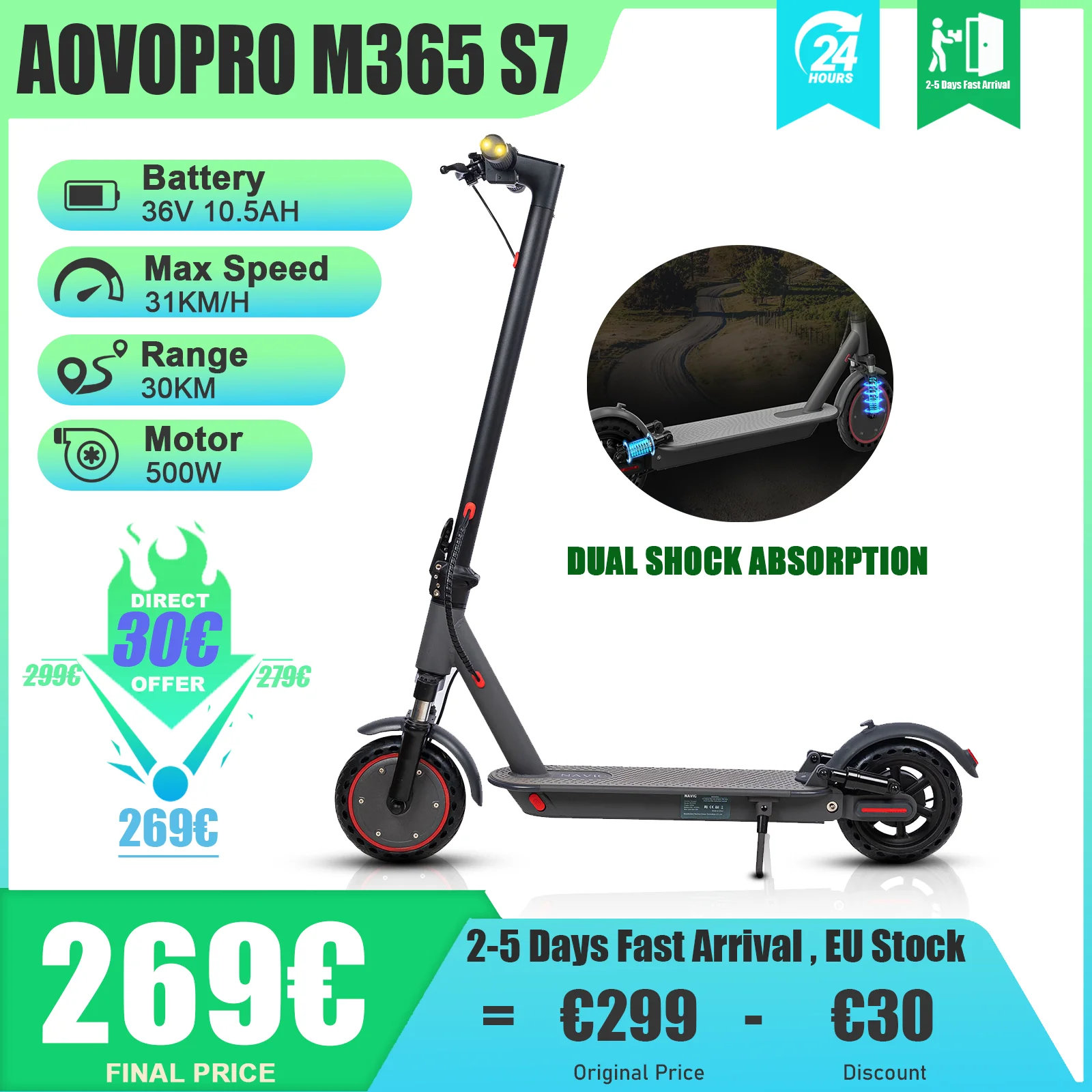 New AOVOPRO M365 S7 Adult Electric Scooter Front & Rear Turning Light Dual Shock Absorption 36V 10.5Ah 30km Long Range Smart APP