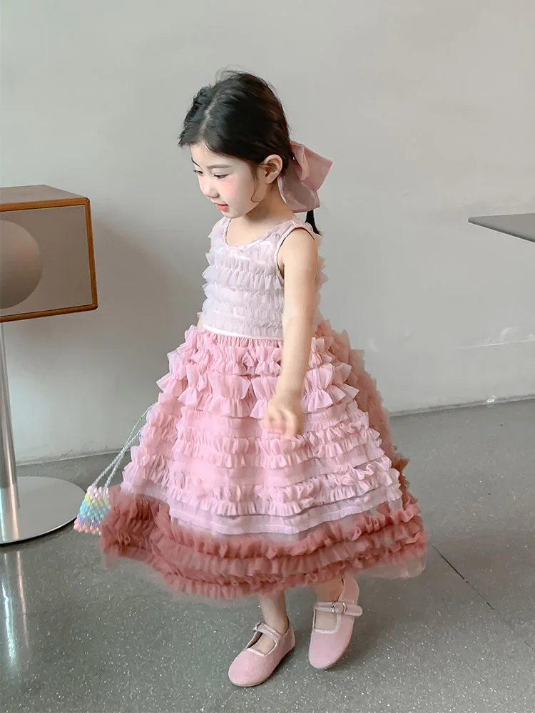 

2025Girls' Summer New Color Matching Cake Mesh Vest Dress