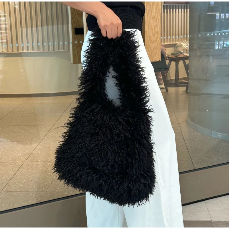 Lange, lockige, flauschige Schultertasche aus Kunstlammwolle, Y2k Mädchen Winter Weiche Plüsch-Handtasche, Damen Einfarbige Arbeits- und Pendler-Tragetasche – Detail 8