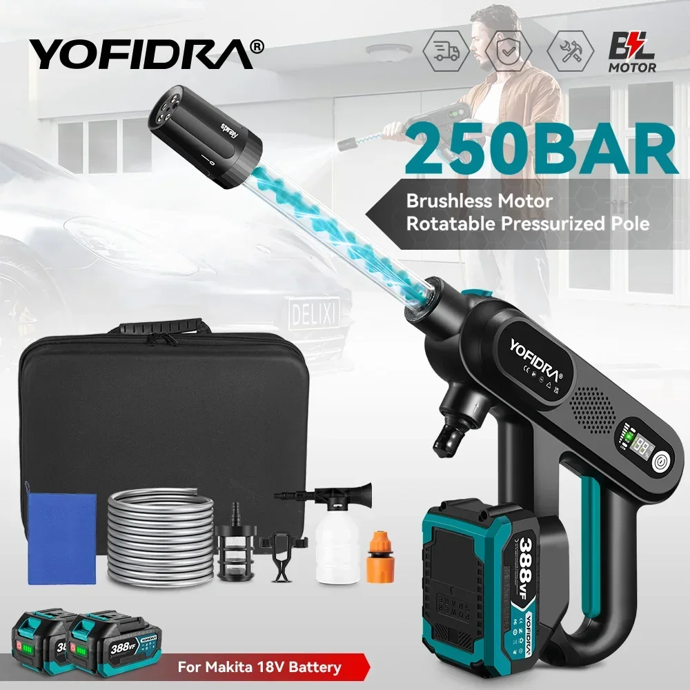 YOFIDRA 250 Bar bürstenlose Hochdruck-Autowaschpistole, 3 Gänge, elektrische Gartenwasch-Wasserwasch-Spritzpistole für Makita 18 V-Batterie