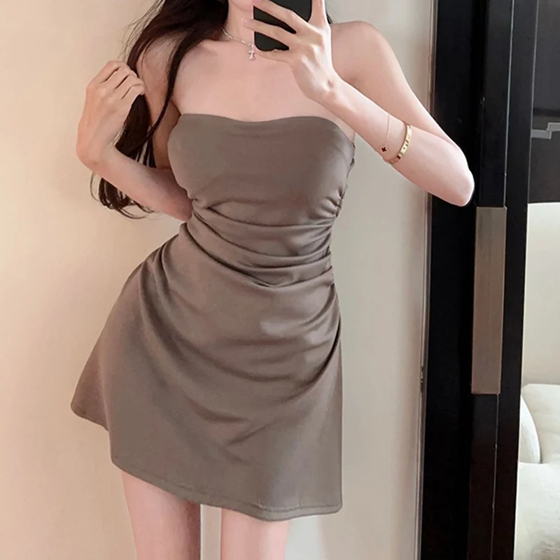 2025 Women Chic Solid Irregular Dress Summer Female Korean Concise Designer Short Skirts Girls Sexy One Shoulder A-line Dress