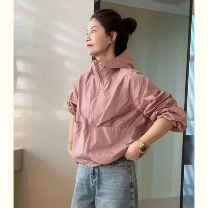 Female Spring Summer Tops Coat Zipper Hooded Sunscreen Pocket Solid Color Retro Simple Leisure Senior Soft Minority Versatile