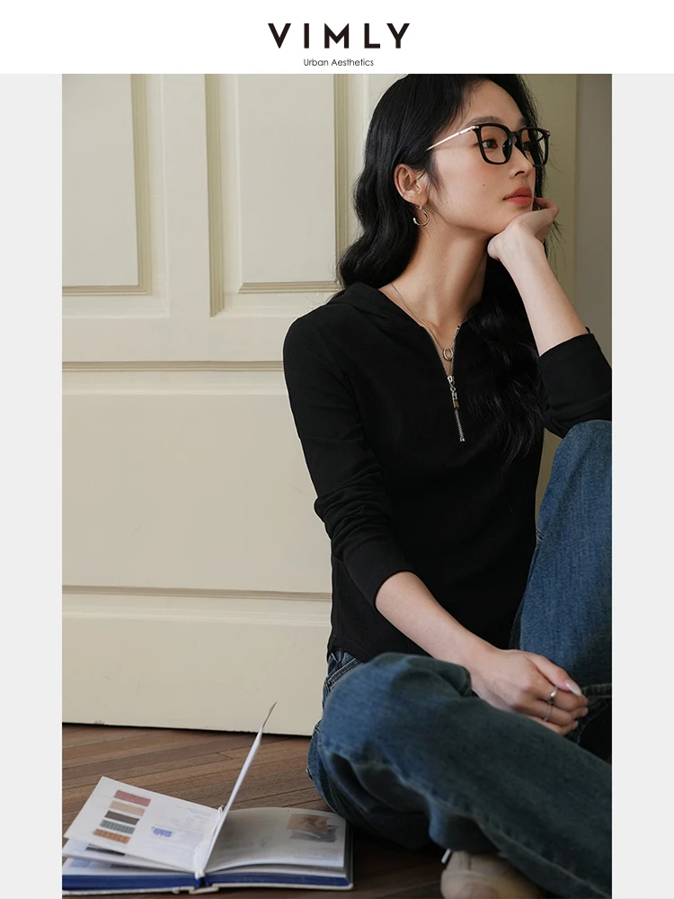 VIMLY Black Hoodies for Woman Hooded Sweatshirt 2025 Spring Women's Long Sleeve Top Half Zipper Pullover Female Clothes A1022