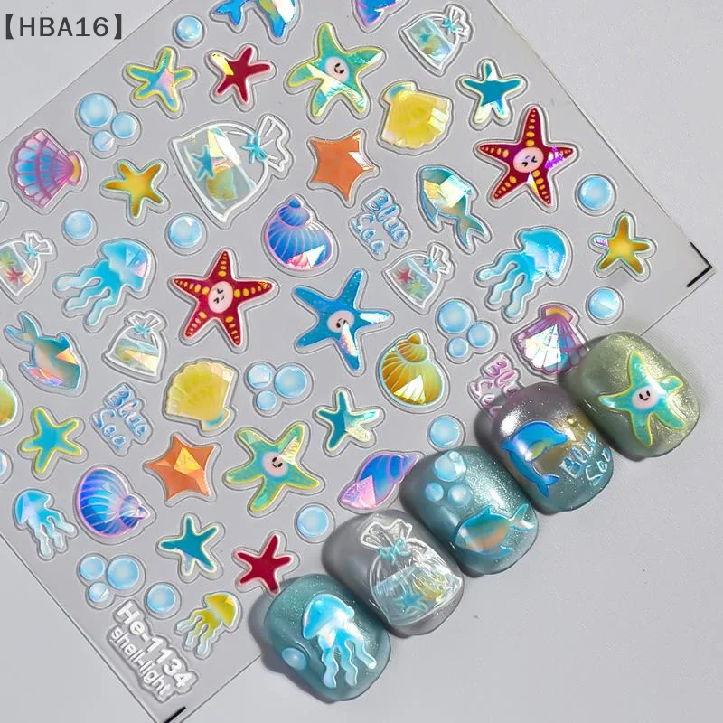 

5D Summer Seashell Nail Sticker Shiny Embossed Starfish Nail Stickers Summer Beach Fishtail Jellyfish Nail Decals Decoration DIY