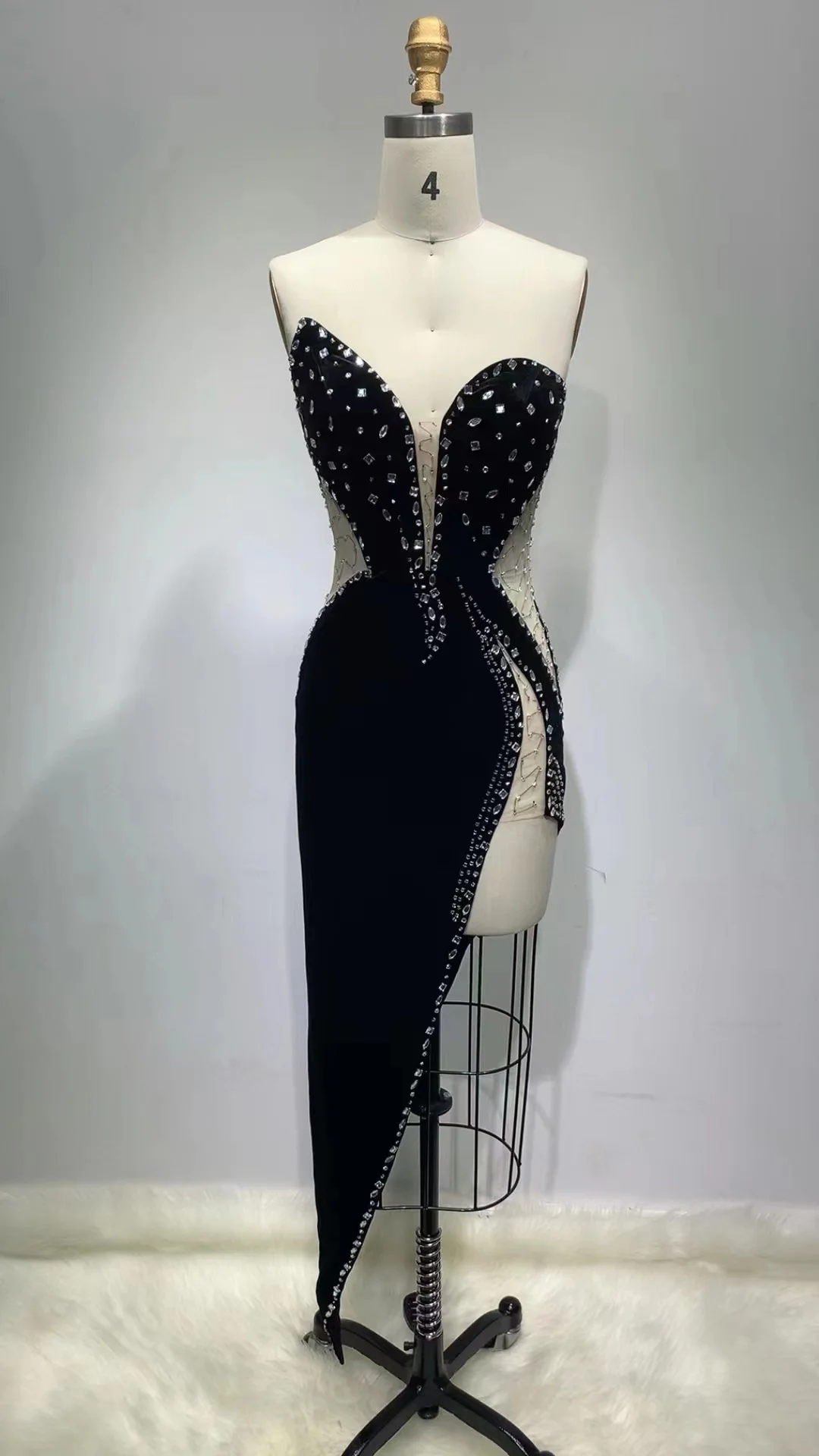 High Quality Celebrity Black Strapless Crystal Long Bodycon Velvet Dress Elegant Evening Party Dress Vestidos