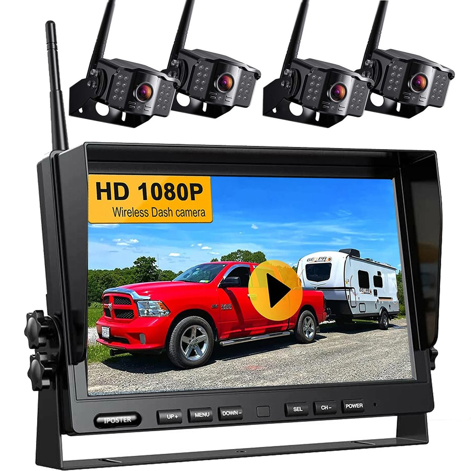 

Lastbus 10.1" Quad Splitscreen DVR Monitor High-Speed Observation +FHD 1080P Wireless Camera With 4 Front Side Rear View Cameras