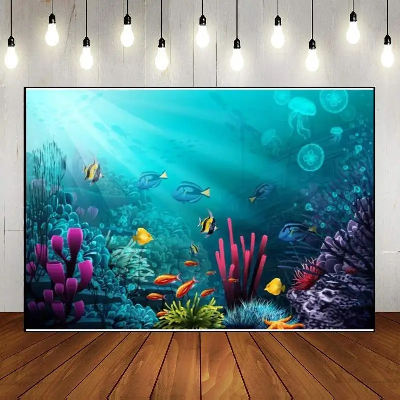 The Sea Underwater World Theme Fishes Seabed Wonderland Coral Fish Aquarium Background Custom Birthday Backdrop Banner Party