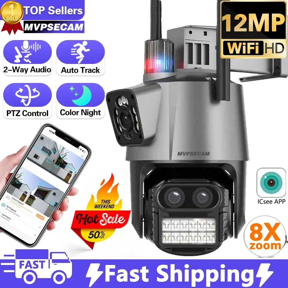 

Wifi 6K 12MP HD PTZ IP Camera Outdoor Security 8X Zoom Three-Lens Dual Screen Ai Tracking Video Surveillance Police Light Alarm