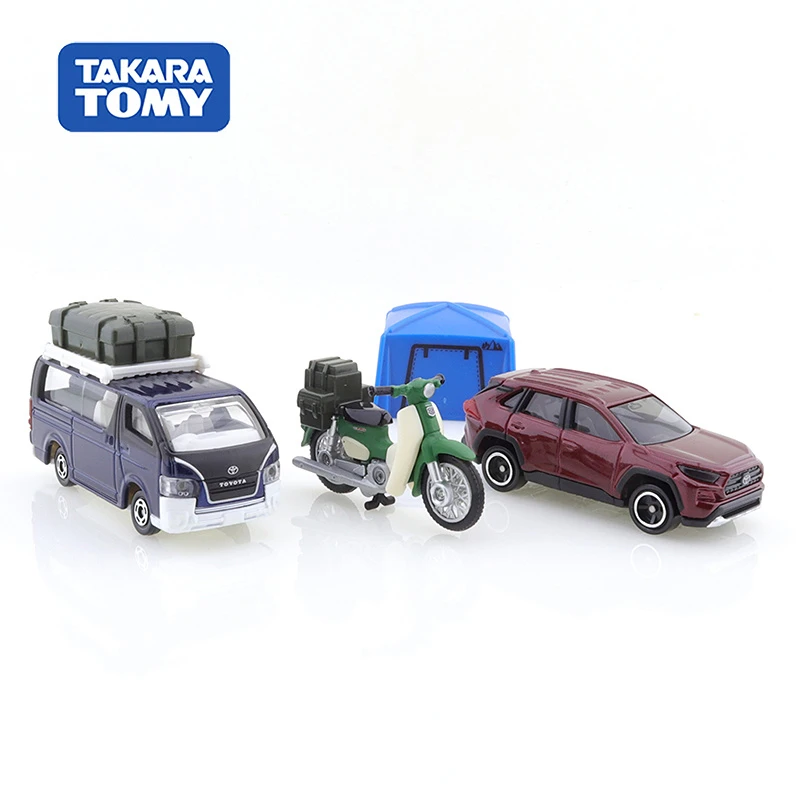 TAKARA TOMY Tomica Toyota Hiace Honda Cub motocykl zestaw pojazdów kempingowych 3 sztuk/zestaw mikrosilnik Model pojazdu zabawka dla dzieci prezent