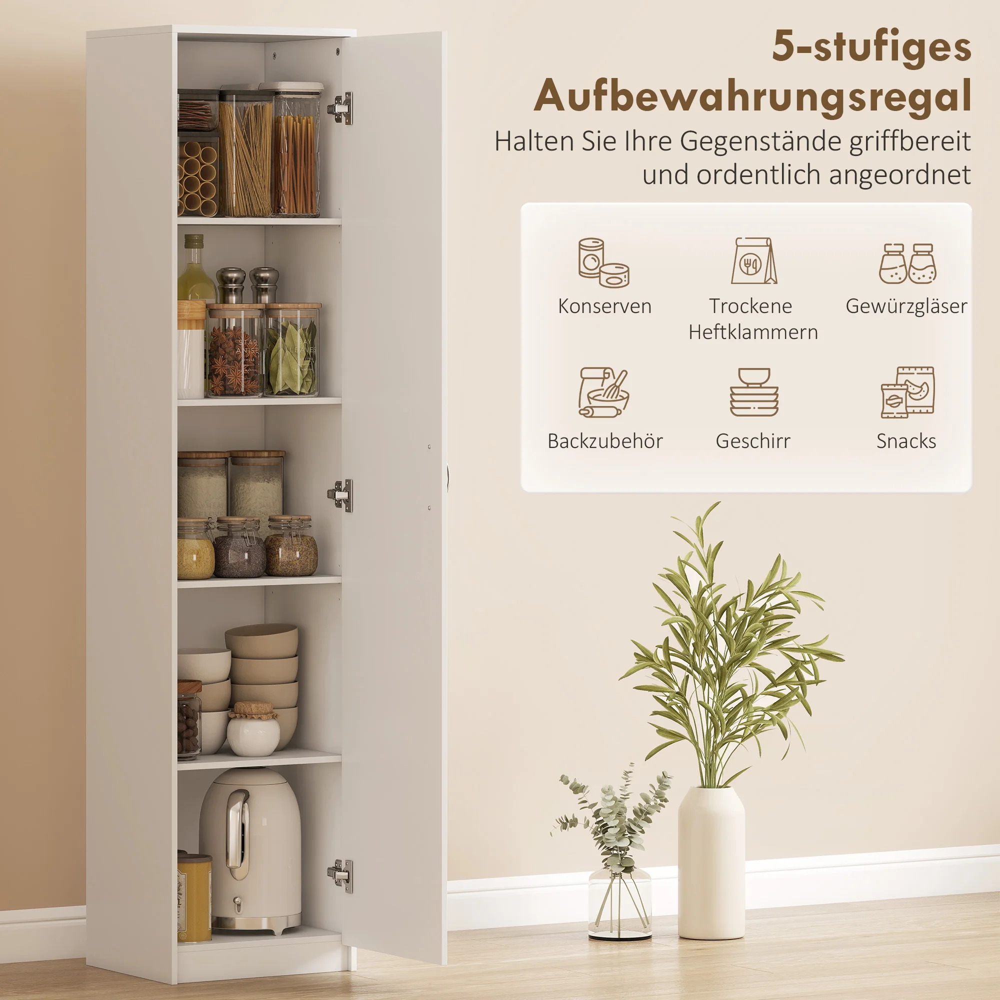 Armario de Almacenamiento de 5 Niveles con Estantes Ajustables, Organizador de Despensa de Cocina, Acabado en Madera Blanca, para Sala de Estar, Cocina, Despensa