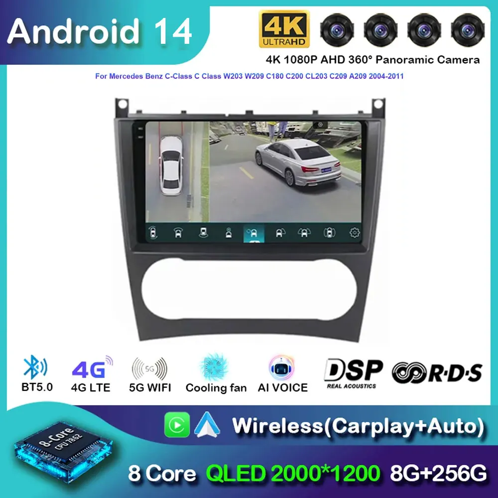 Android 14 Carplay Car Radio For Benz W203 W209 C180 C200 C220 C230 2004 - 2011 Navigation GPS Multimedia Player wifi+4G BT Auto