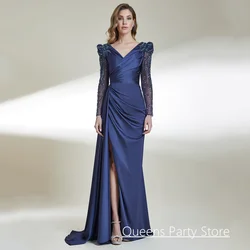 Dancing Evening Dress Customized V Neck Long Sleeves Pleat Beading Sequined High Split Formal Prom Gown Arabian Party Dresses