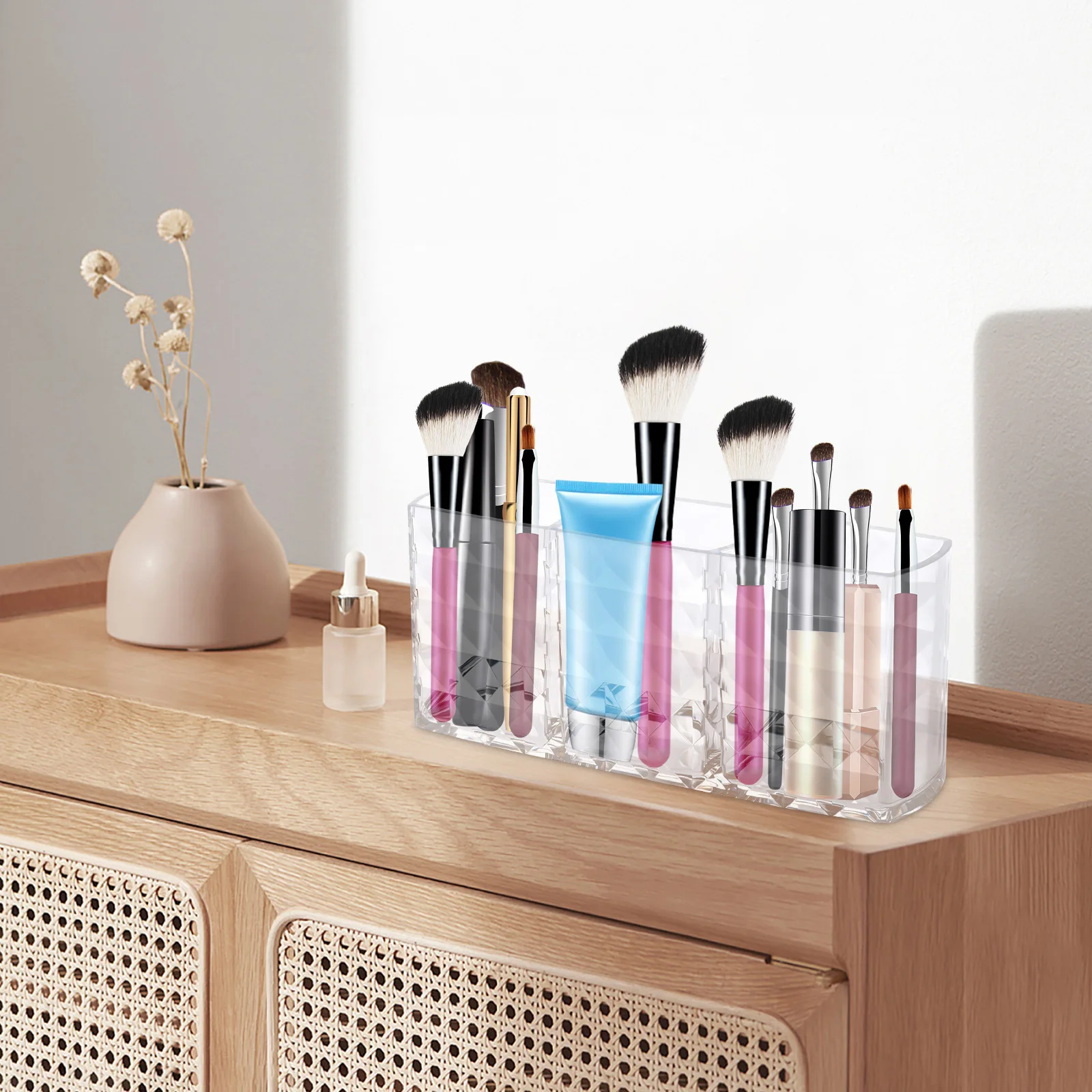 

Crystal Makeup Brush Holder Organizer, 3 Slot PS Eyeliners Display Holder Cosmetic Brushes Storage for Dressing Table