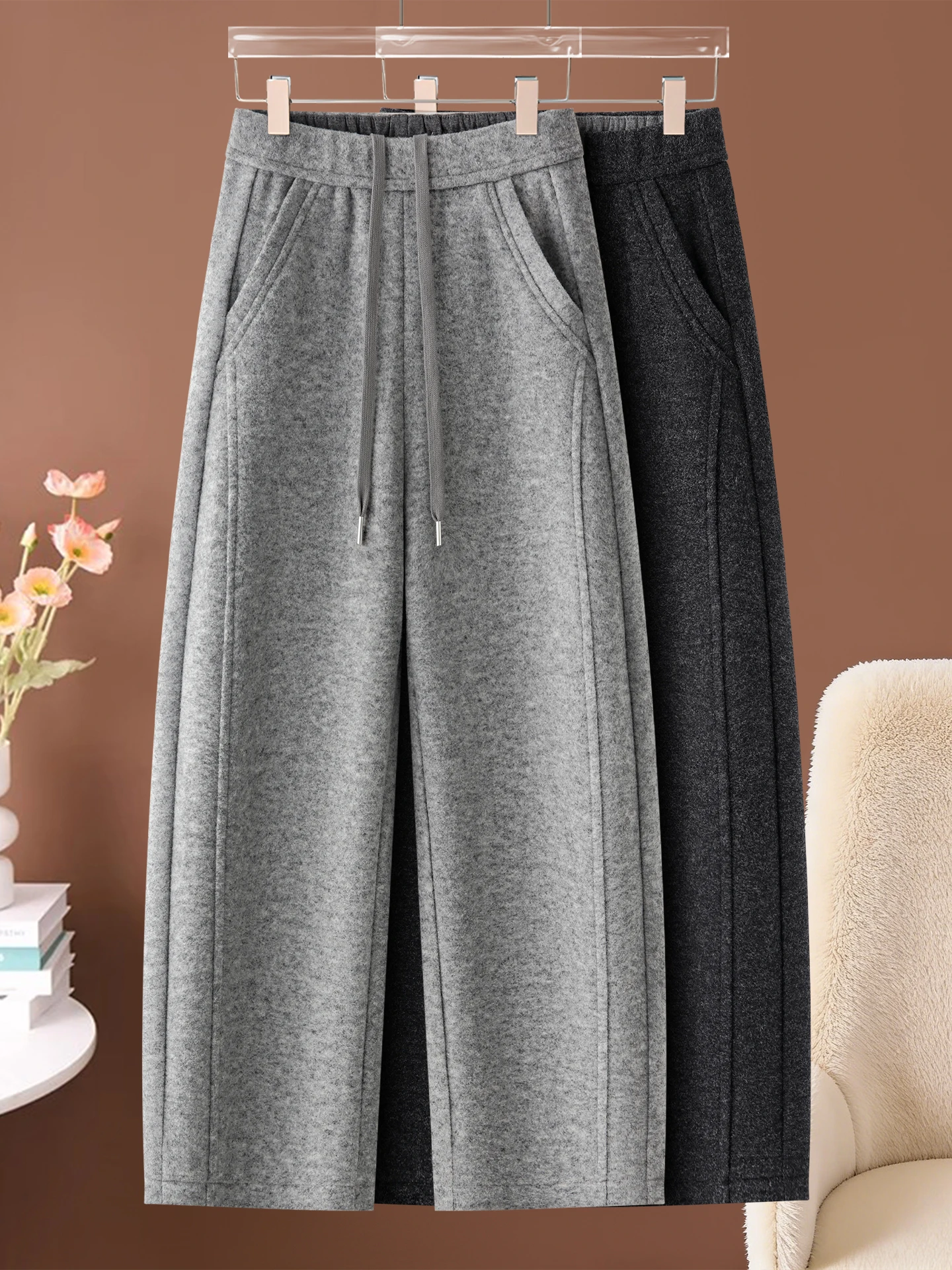 

High Waist Fleece Lined Woolen Scythe Pants Women's Casual Loose Slimming Autumn Winter Straight Leg Trousers for plus Size
