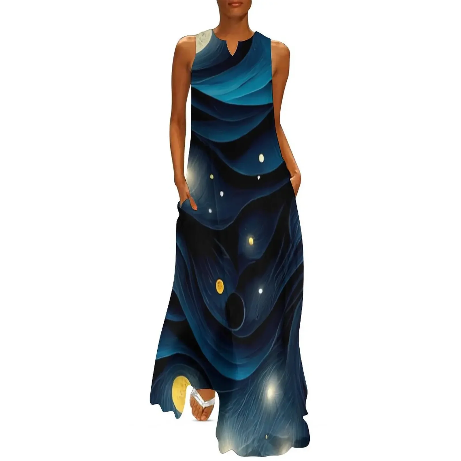 Starry Night Women Dress Abstract Famous Painting Trendy Maxi Dress Street Casual Long Dresses Women V-Neck Sleeveless Vestidos