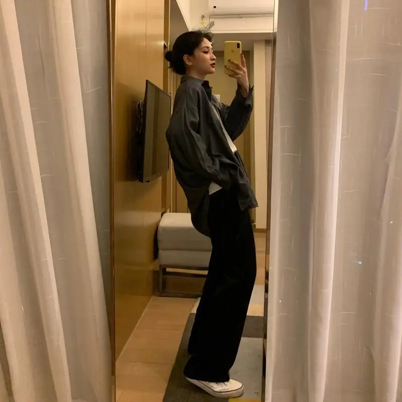 Women's Clothing Spring Summer Loose Comfortable Casual Black Solid Color Long Sleeve Retro Style Turn Down Collar Shirt Fashion