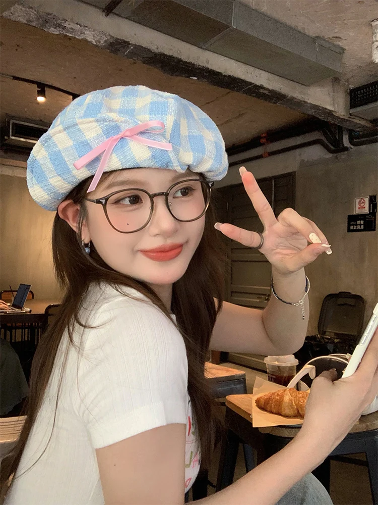 Adorable  Knot Plaid Cloud Beret Hat Women Summer Thin Breathable Octagonal Hat Small Audience Large Head Size Paint...