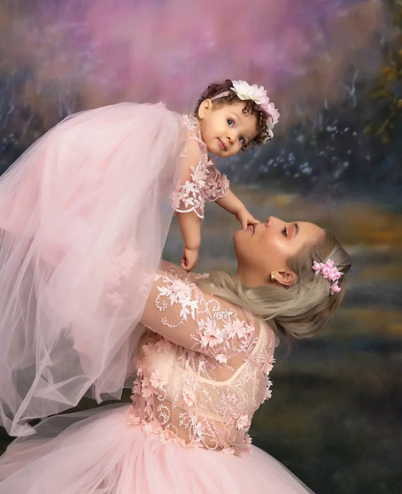 Mother Daughter Matching Dresses for First Birthday Mommy and me Outfits Light pink Lace Tulle Photo Shoot