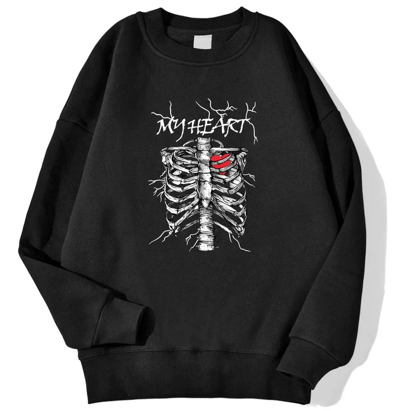 

Heart Protected By Ribs Print Man Pullover Korean Street Fashion Hoodie Fleece Warm Comfortable Sweatshirt Crewneck Soft Clothes