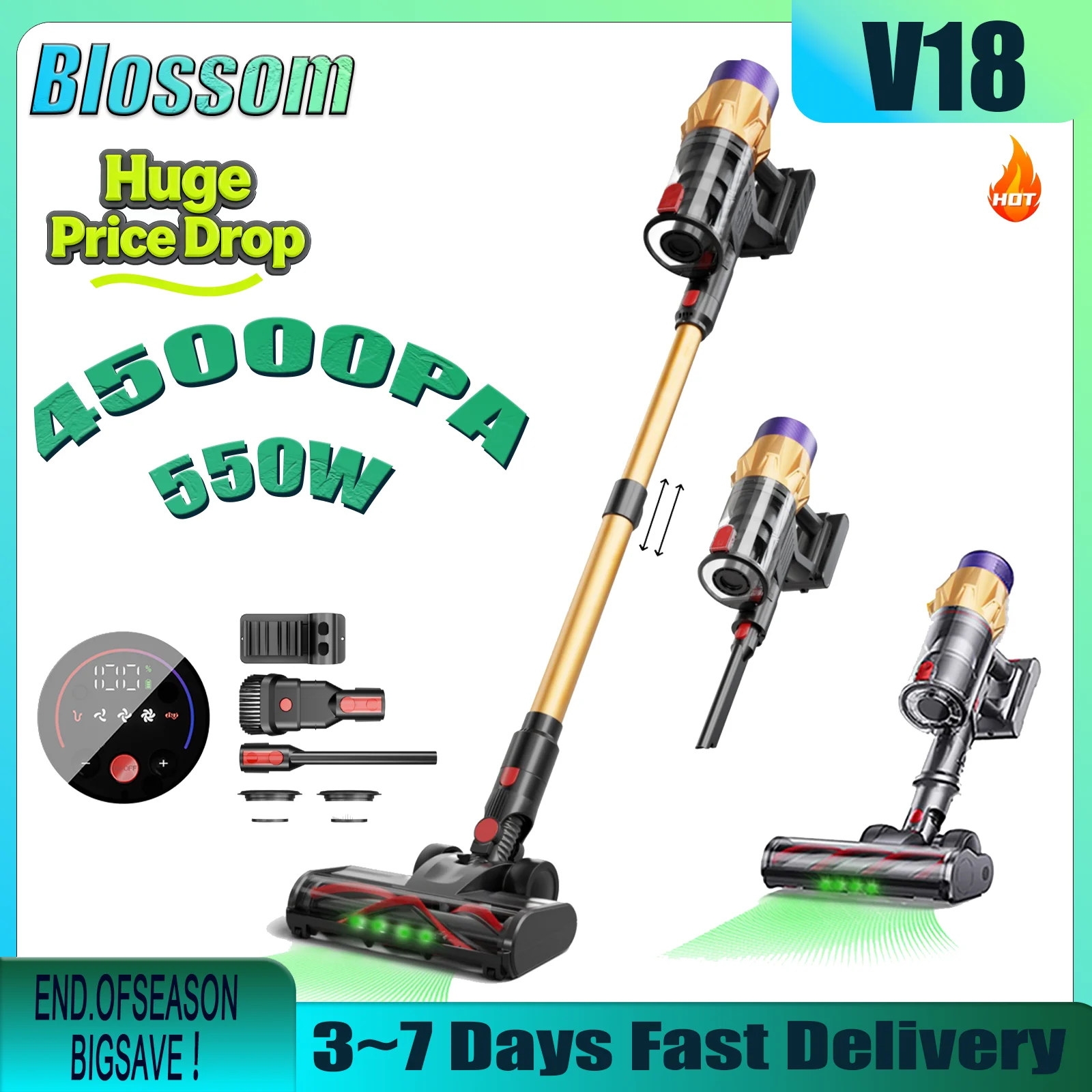 

Blossom V18 Lightweight Wireless Vacuum Cleaner 550W 45KPA Powerful Suction 1.2L Large Dust Cup Home Cleaner for Carpet/Pet Hair